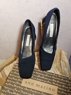 Ann Marino Navy Square-Toe Pumps with Subtle Heel